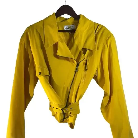 Vintage 80s Yellow Silk Moto Jacket Bold Shoulders Structured Hong Kong Made - Picture 2 of 15